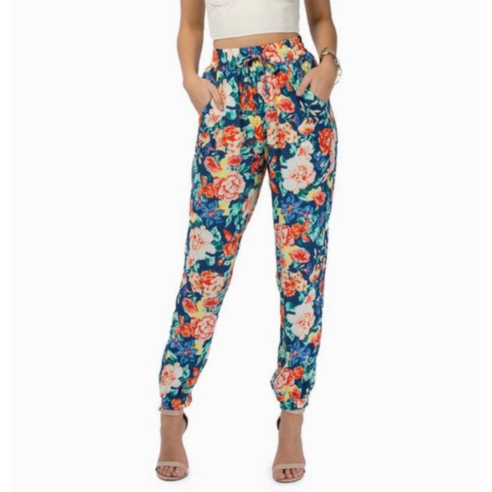 MINK PINK Womens Pants Medium Blue Floral High Waisted Tapered Jogger Pockets